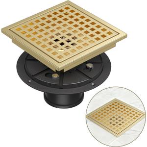 Square Shower Floor Drain with Flange, 4 Inch Brushed Gold Shower Drain Hair Catcher, SUS304 Stainless Steel Floor Drain Strainer, Shower Drain Cover