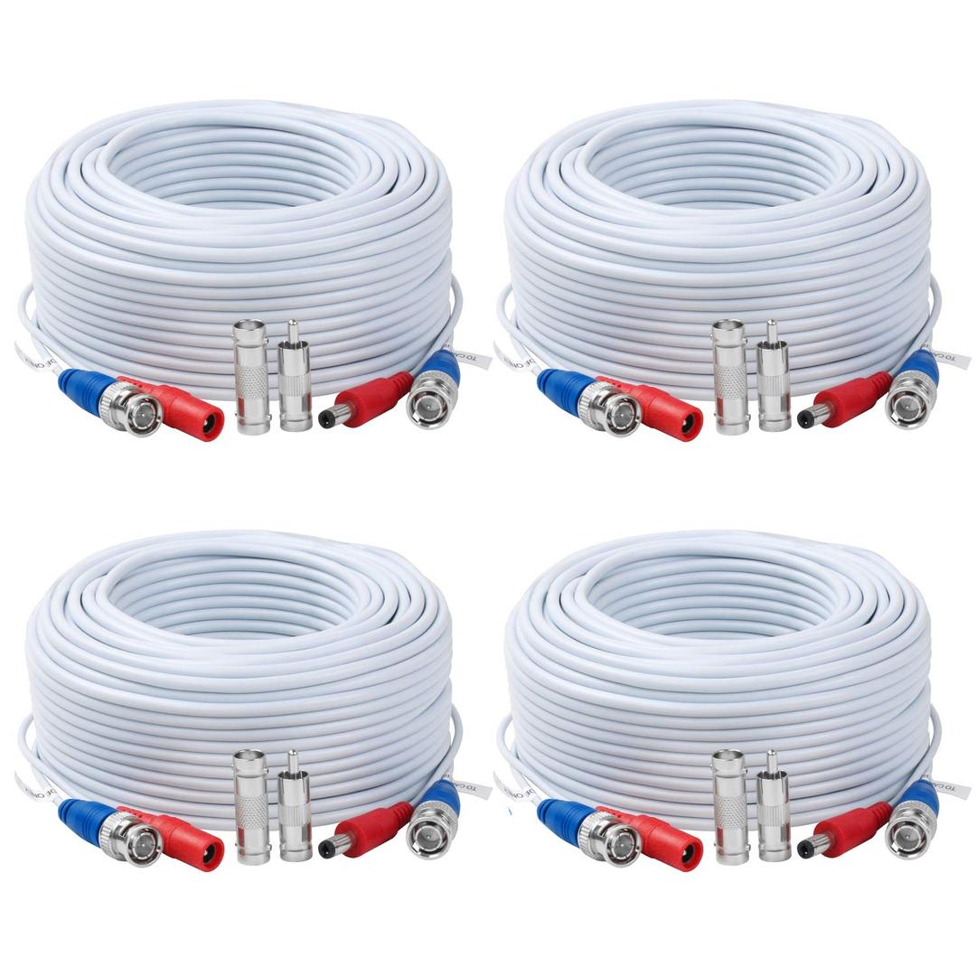 4 Pack 100 Ft Tainston BNC Video Power Cable BNC Extension Wire Video Security Camera Cord with Connectors for CCTV Camera DVR Surveillance System (White)