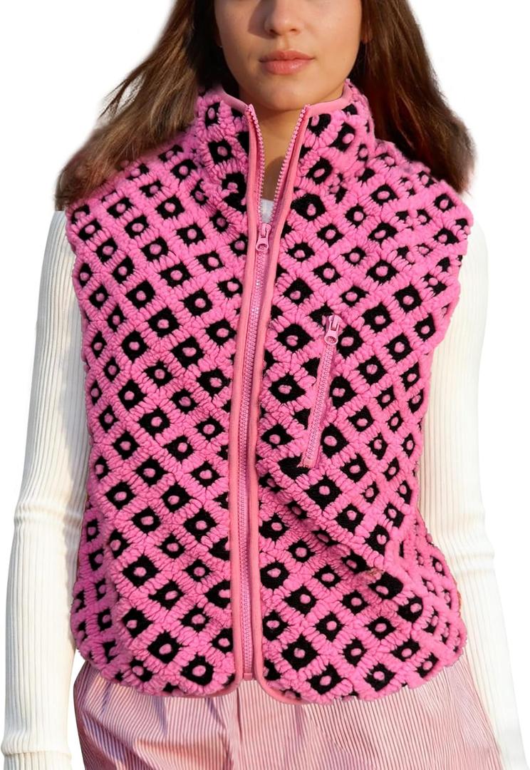 Womens Checkered Sherpa Vest Sleeveless Winter Fleece Jacket High Neck Zip Up Plaid Gilet with Chest Pocket (X-Large, Black-rose)