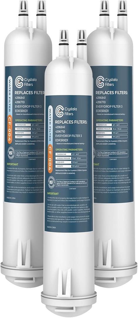 Crystala Filters Compatible with 4396841 Refrigerator Water Filter, EDR3RXD1, KAD3RXD1, WHR3RXD1, 4396841, 4396710, Filter 3, 46-9083,46-9030, 9030, 9083 Refrigerator Water Filter, 3 Pack