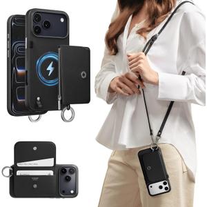 MAGEASY Designed for Phone 17 Pro Max Wallet Case with Crossbody Strap - Compatible with MagSafe Detachable Coin Purse & Card Slot, Leather Crossbody Lanyard, 16ft Drop Protection | Pouch M (Black)