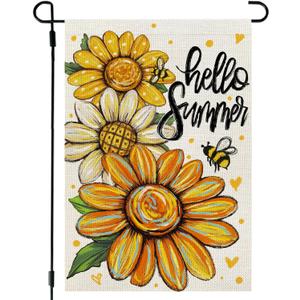 4 x CROWNED BEAUTY Hello Summer Garden Flag Sunflowers 12x18 Inch Double Sided Small Floral Seasonal Holiday Decoration for Outside Yard
