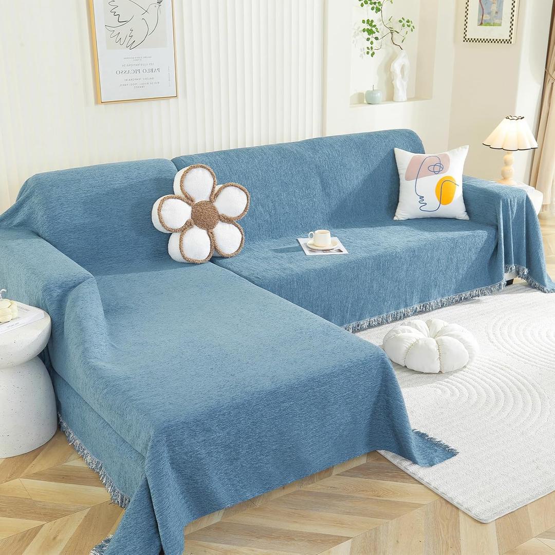 Royhom Sectional Couch Covers 2 Pieces, L Shaped Couch Cover Blanket, Chenille Sofa Covers Washable, Sofa Slipcover with Tassel, Suitable for All Seasons (71"x110"+71"x118", Blue)