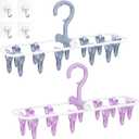 Clothes Drying Hanger with 12 Clips, 2 Pack Folding Portable Hanging Drying Rack,Drip Foldable Hanging Rack, 360 Rotatable Hook for Drying Towels Bras Baby Clothes Gloves Plastic(Blue&Purple)