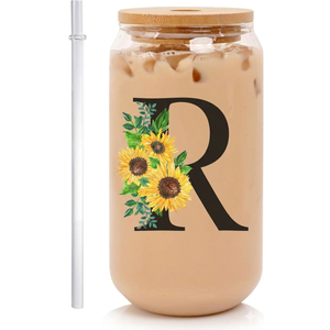 Initial Glass Cups Sunflower with Bamboo Lids and Straws,16oz Iced Coffee Mug Tumbler, Monogrammed Birthday Gifts Mother's Day Sunflower Gifts for Women, Mom, Friend, Sister, Letter R