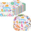 100Pcs Easter Party Supplies Bunny Oval Plates and Napkin Spring Bunny Egg Theme Decoration for Spring Easter Holiday Birthday Party Decor