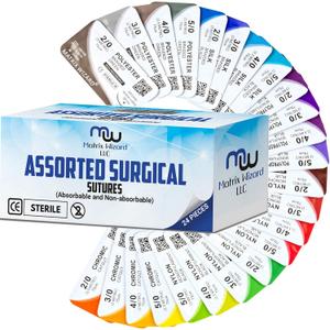 Mixed Sutures Thread with Needle (Absorbable: Chromic Catgut; Non-Absorbable: Nylon, Silk, Polyester, Polypropylene) - Surgical Wound Practice Kit, Emergency First Aid Demo (2-0, 3-0, 4-0, 5-0) 24PK