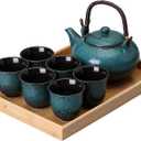KEYDUACU Japanese Tea Set, Ceramic Tea Set, Plum Blossom Embossed, Teapot, 6 Teacups, Tea Tray, Strainer, Home, Outdoor, Gift, Chinese Kung Fu Tea Set (Pine Green)
