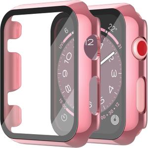 Misxi 2 Pack Hard PC Case with Tempered Glass Screen Protector Compatible with Apple Watch Series 2 Series 3 38mm, Anti-Drop Scratch Resistant Lightweight Cover for iWatch, 1 Rose Pink + 1 Transparent