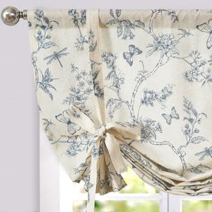 jinchan Linen Floral Valance Tie up Curtains for Small Windows 54 Inch Farmhouse Kitchen Cafe Curtains Rod Pocket Country Tropical Flower for Laundry Room Bathroom Rod Pocket 1 Panel Blue, 42"W x 54"L