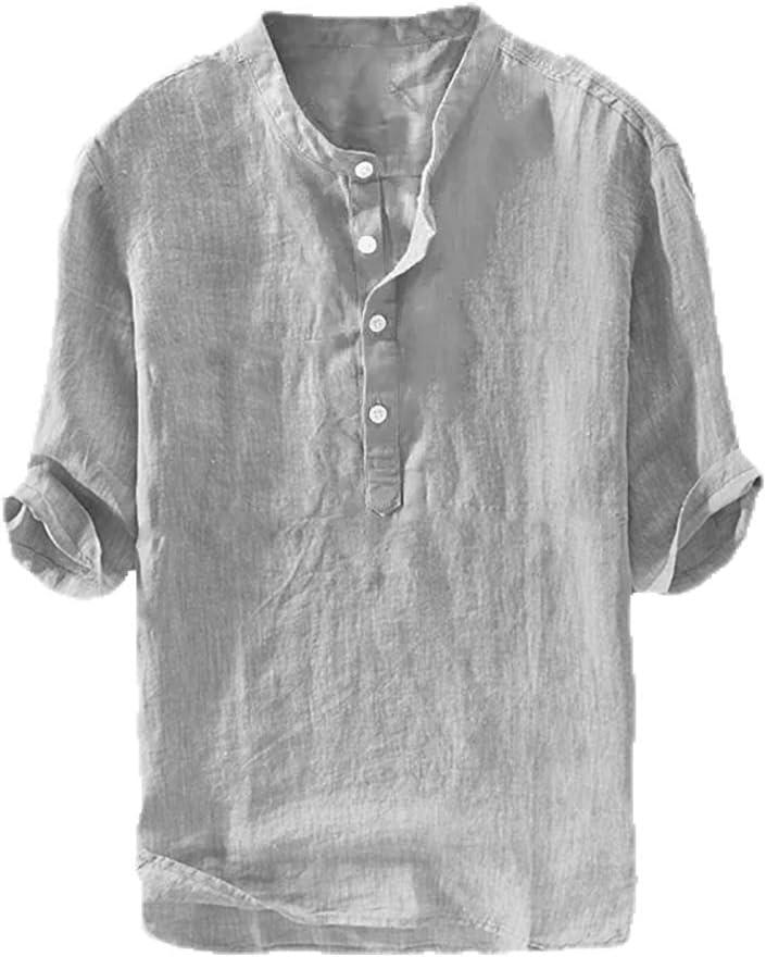 Ryannology Mens Linen Shirts Casual Cotton 3/4 Sleeve Regular-Fit Henley T-Shirt Summer Lightweight Beach Yoga Tops (X-Large, 01 Gray)