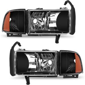 ELH Headlight Assembly Fit For 1994-2001 1994 1995 1996 1997 1998 1999 2000 2001 Dodge Ram 1500 94-01 1994-2001 Dodge Ram 1500/1994-2002 94-02 Dodge Ram Pickup 2500 3500 Headlights Black Housing