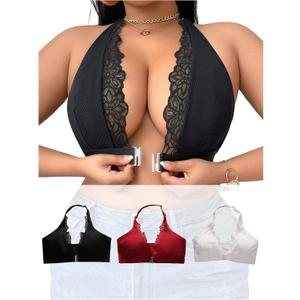 SOLY HUX Plus Size Bras for Women 3 Piece Front Closure Lace Halter Wireless Bra Comfort Everyday Bralette (XX-Large Plus)