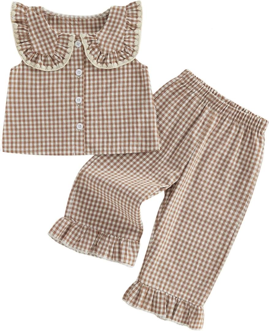Thorn Tree Girls Summer Outfits Ruffle Sleeve Button Up Dress Tops Plaid Linen Pants Spring Toddler Girl Clothes