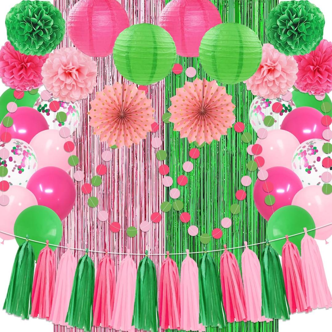 Pink and Green Party Decorations Witch and Princes Balloons Paper Pom Poms Foil Fringe Curtain Paper Tassel Garland Fans Lanterns Circle Dots Garland for Birthday Baby Shower Bridal Shower Supplies