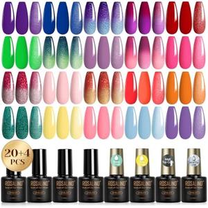 ROSALIND 24Pcs Color Changing Gel Nail Polish Set with Glitter Glossy Matte Top Coat Base Coat, 20 Colors Red Yellow Ombre Purple Temperature Change Gel Polish Nail Art