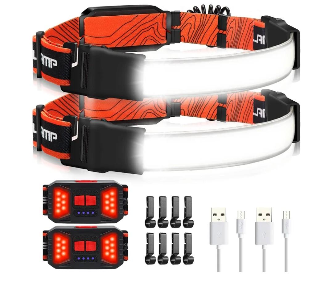 Adelante LED Headlamp Flashlight, 2Pack 1000LM 230°Wide-Beam Rechargeable Head Lamp for Adults, Red Taillight & 8 Clips Waterproof Hard Hat Light Headlamps for Running Hiking and Camping