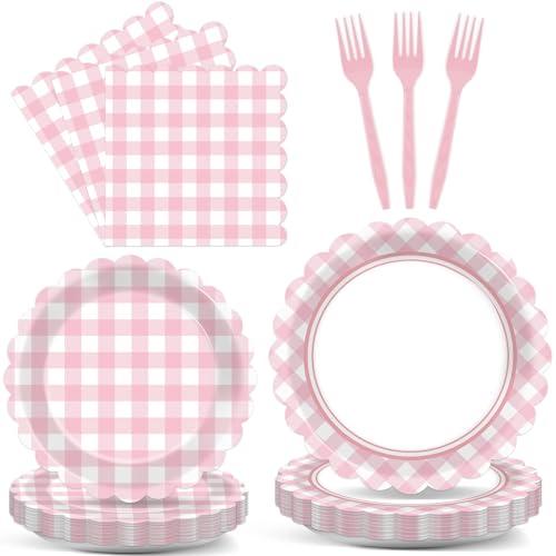 80 Pcs Pink Plaid Party Supplies Scalloped Paper Plates and Napkins Pink and White Plaid Disposable Tableware Checkered Party Decorations for Girls Women Birthday Picnic BBQ Baby Shower Serves , there are no forks