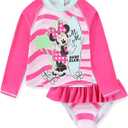 Disney Girls Minnie Mouse UPF 50+ Long Sleeve Rash Guard and Bikini Bottom 2-Piece Swimsuit Set for Toddler and Big Kids, Size 3T