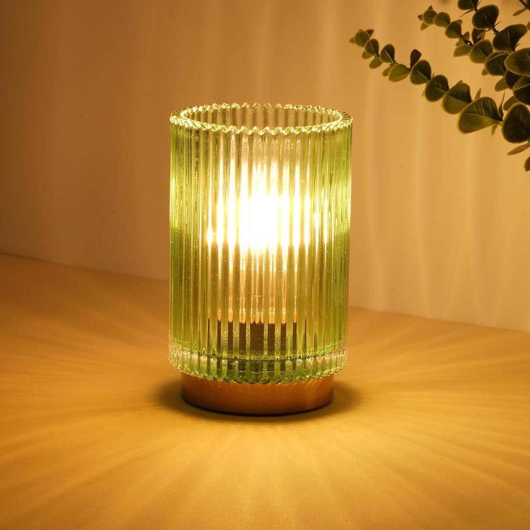 Battery Operated Lamp, Cordless Table Lamp with Timer, Desk Bedside Lamps with LED Warm Light, Glass Small Table Lamp for Bedroom, Bathroom, Living Room, Home Decor - Green