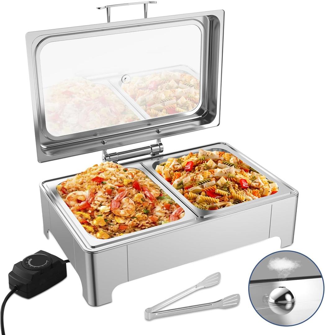 THXSUN Electric Chafing Dish Set, Dual 4.5QT Electric Buffet Server, Half Size Roll Top Stainless Steel Food Warmers with Temperature Control for Catering & Events
