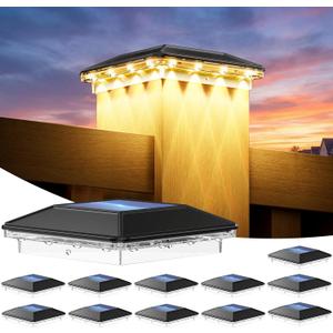 12 Pack 4x4 Solar Post Cap Lights Outdoor, 3 Modes 16 LED Fence Post Solar Lights, Focused Lens Deck Fence Post Lights Solar Powered Waterproof Fits 4x4 3.5x3.5 Vinyl Wooden Posts for Deck Porch