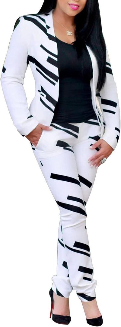 PAODIKUAI Women's 2 Piece Outfits Long Sleeve Stripe Jacket Top and Pants Suit Set, S