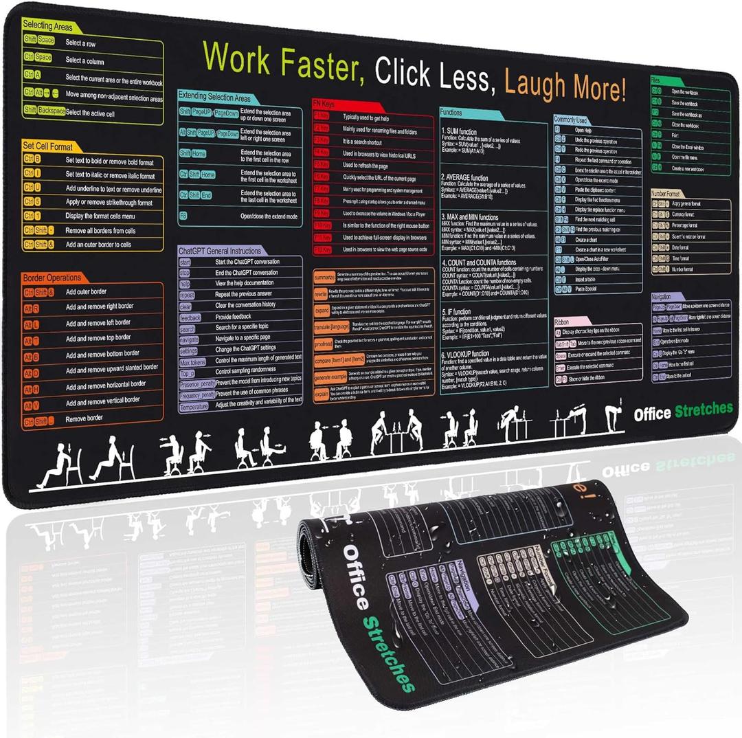 Excel Cheat Sheet Desk Pad, Keyboard Excel Shortcut Desk Mat, XL Large Mouse Pad, Large Keyboard Mat for Office Supplies (Green1)