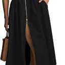 Wenrine Womens Summer Smocked Midi Dress Casual Zipper V Neck Cap Sleeve High Slit Flowy Long Dresses (Medium, Black)