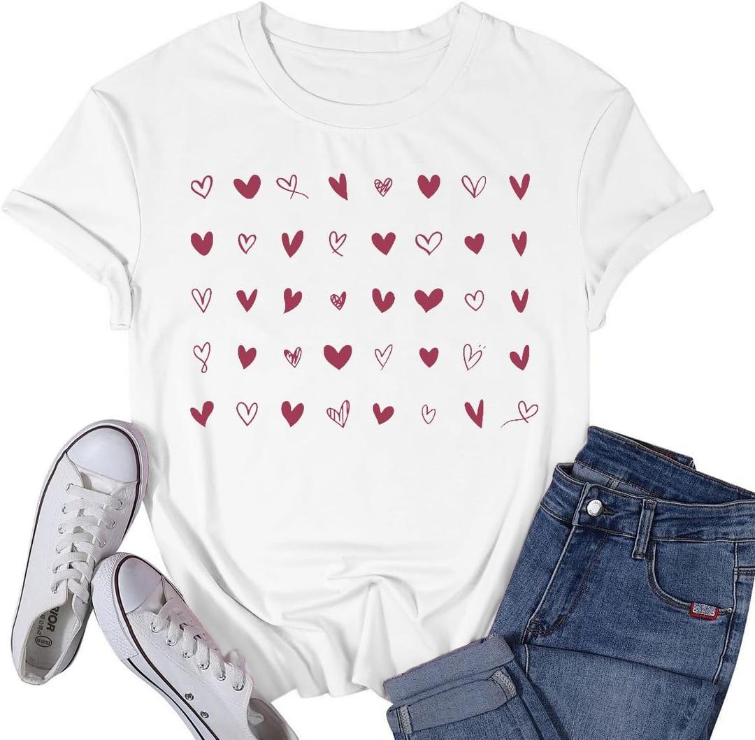 Valentines Day Shirt for Women Valentine T-Shirts Red Love Heart Sketch Tee Tops (White, S)