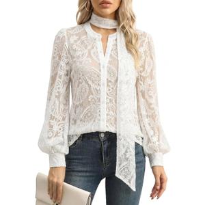 Lingswallow Womens Lace Blouses Puff Long Sleeve Button Down Lace Tops with Removable Tie Neck Lace Shirt for Work & Casual (White, M)