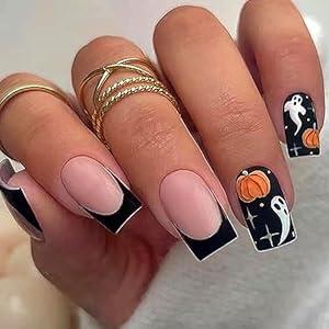 Halloween Press on Nails Medium Square French Tip Fake Nails Black Full Cover Ghost Pumpkin False Nails with Designs Matte Glue on Nails Artificial Acrylic Nails for Women Girls 24Pcs