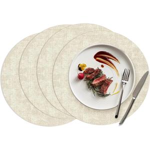 COSMOCASA 15 inch Faux Leather Round Placemats Set of 4 Non-Slip Washable Wipeable Table Mats, Heat Resistant Waterproof Oilproof Place Mats for Kitchen, Dining, Party, Indoor, Outdoor Beige
