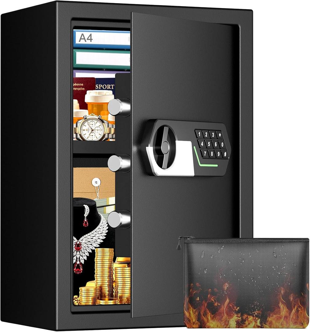 3.4 Cuft Large Home Safes with Fireproof Waterproof Bag, Digital Security Safe Box with Keypad Key and Removable Shelf, Anti-Theft Document Safe for Home Money Valuables