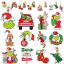 Griinch Ornaments for Christmas Tree Wood, Double-Sided Printing 24 Pcs Christmas Tree Decorations Hanging Ornaments for Tree Home Indoor Outdoor Decorations