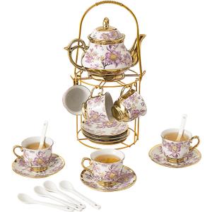 20 PCS Ceramic Tea Sets for Women Tea Party, Purple Pattern Tea Set with Gold Shelf, Flower Porcelain Tea Set with 6 Plates & 6 Spoons, Coffee Cup Set for Restaurant Hotels Dinner