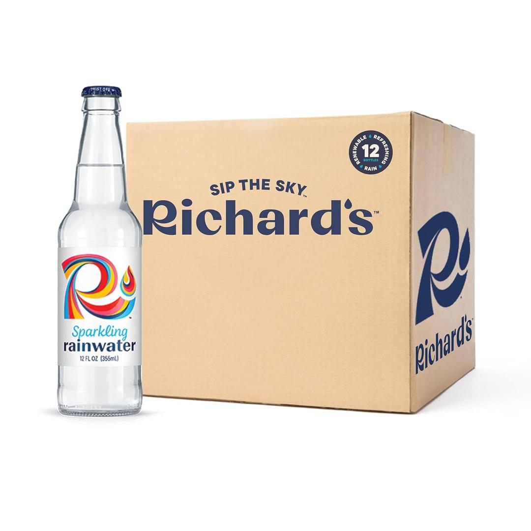 Richard's Rainwater Sparkling Water, Long Lasting Bubbles, Renewable Refreshing Carbonated Rain (12 fl oz Glass Bottles, 12-Pack in Ship-Safe Packaging)