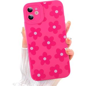 ZIYE for iPhone 12 Case Hot Pink Flower Pattern Phone Case with Camera Protection,Soft TPU Silicone Rubber Protective Cover Floral Design Cases Compatible with iPhone 12 6.1 Inch