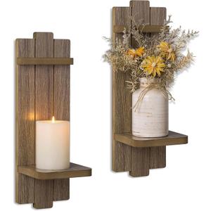 Wall Candle Holder for Farmhouse: Wood Floating Shelves Candle Sconces Wall Decor Set of 2 - Distressed Candle Holders for Small Vase Pillar Candles Tealight (15.7in x 5.1in)