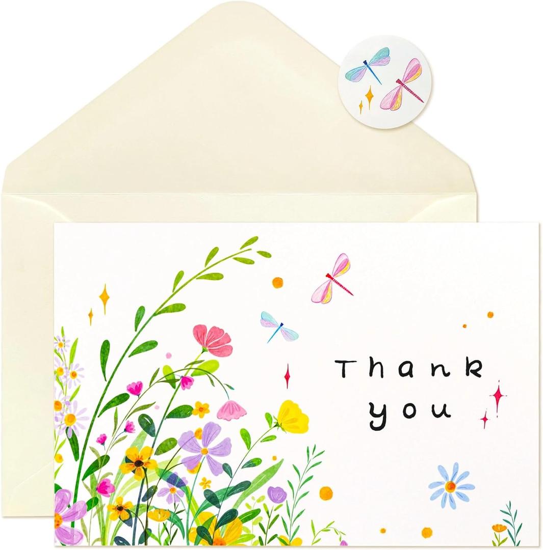 32 Floral Thank You Cards with Envelopes, 4x6 Inch Blank Cards with Vibrant Designs, Note Cards made from 300gsm Cardstock, Blank Notes for Graduation, Anniversaries, Baby Showers