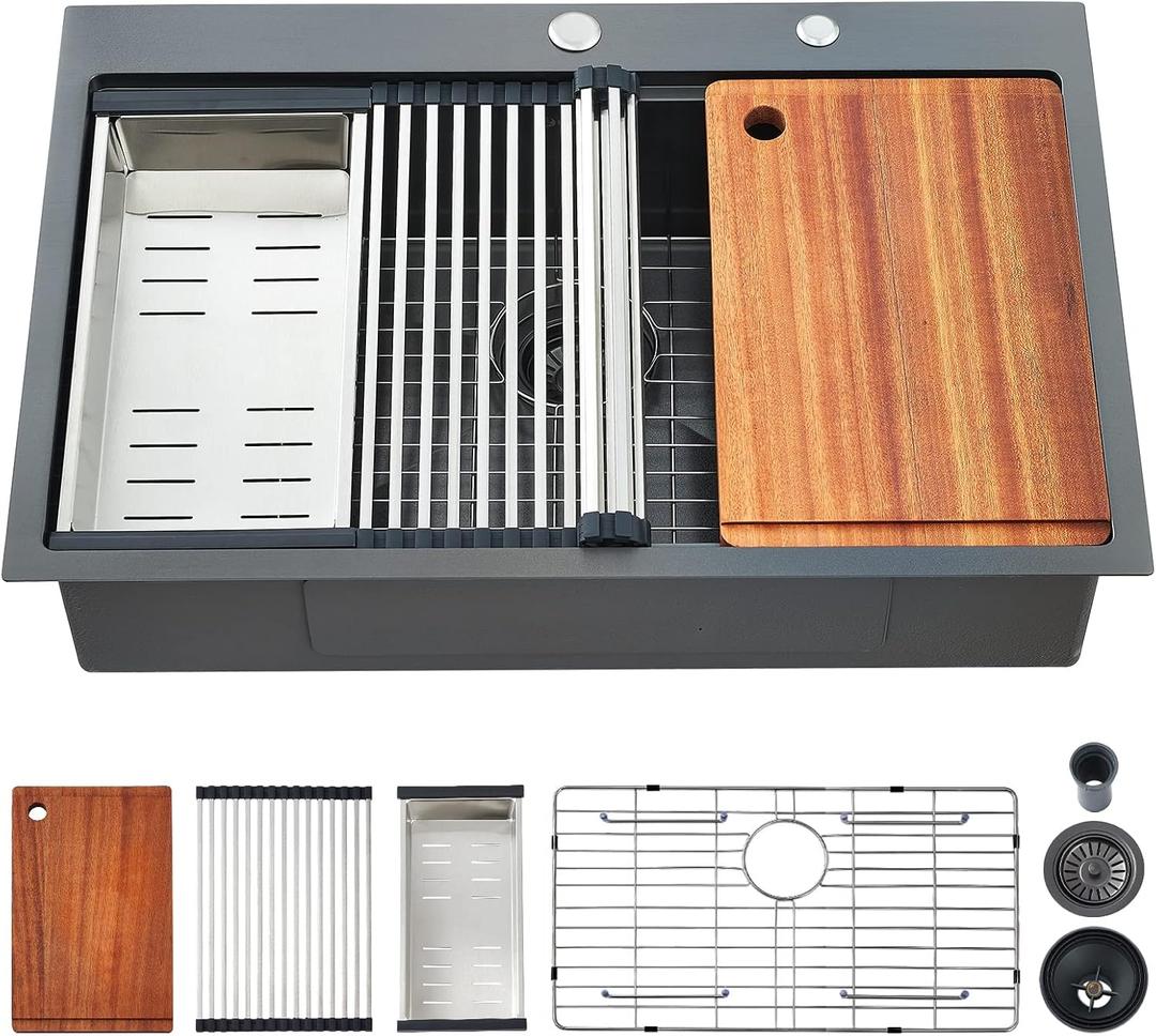 Kitchen Sink, 33 x 22 Drop in Kitchen Sink Gunmetal Black 16 Gauge Stainless Steel Kitchen Sinks Single Bowl Workstation Sink with Cutting Board