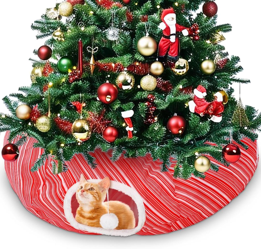 Soulchen Cat Tunnel with Christmas Tree Skirt, 35.8'' Cat Bed for Indoor with Hanging Ball, Xmas Festive Foldable Kitty Pipeline for Kittens Small Animal Christmas Decoration(Diagonal Stripes)