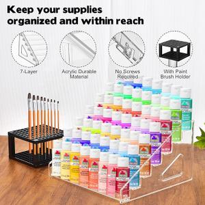 1 Pc Clear Paint Organizer with Paint Brush Holder,7 Layers Acrylic Paint Organizer, Paint Storage Rack, Craft Paint Organizer Rack, Miniature Paint Holder for Paint Storage