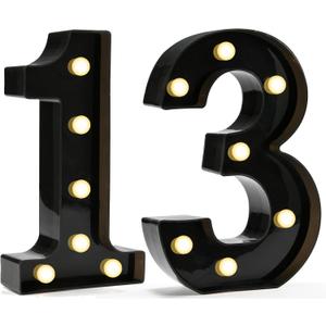 Pooqla Decorative Led Light Up Number Letters, Black Plastic Marquee Number Lights Sign for 13th Birthday Party Wedding Decor Battery Operated Black Number 13