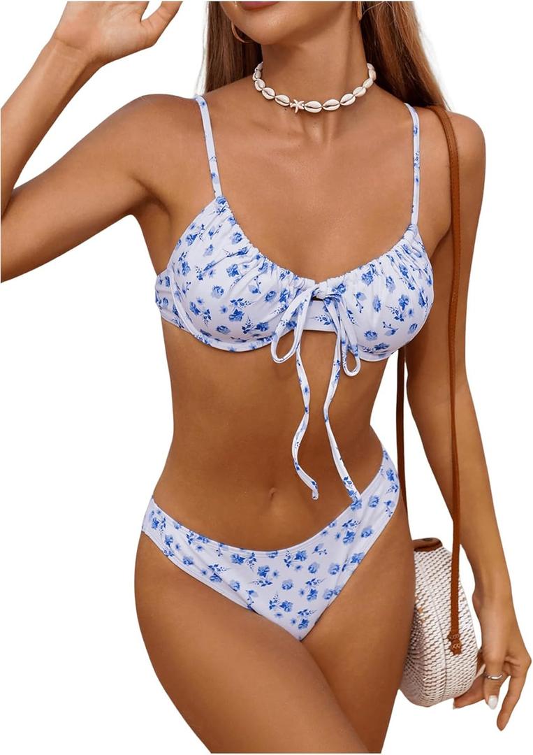 Milumia Women's 2 Piece Bikini Sets Ditsy Floral Swimsuit Tie Back Swimwear (Large, Blue and White)