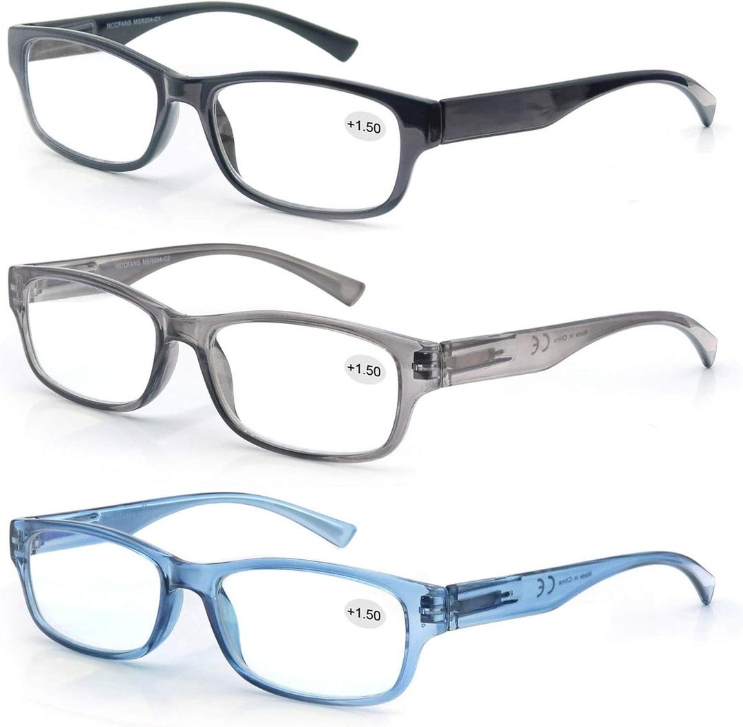 MODFANS 3 Pack Plastic Frame Spring Hinges Reading Glasses Vintage Quality Comfort for Men and Women +1.50