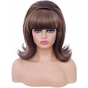 Rugelyss Short Brown Mixed Wig with Bang Retro Bouffant Beehive Wigs fits 80s Costume or Halloween Party