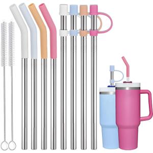 Greant 8 PCS Stainless Steel Straw for Stanley Adventure Quencher Tumbler 40oz, 12 in Straws fit Stanley with Straw Cover and Cleaning Brush, 10 mm, Metal (Stainless Steel, 12 inch)
