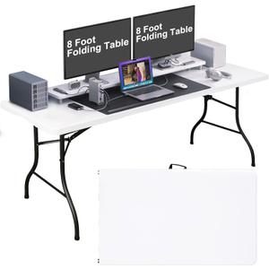 8FT Folding Table Plastic Folding Table Indoor & Outdoor for Picnic, Camping, BBQ and Party, Reinforced Steel Frame, Easy to Carry, White