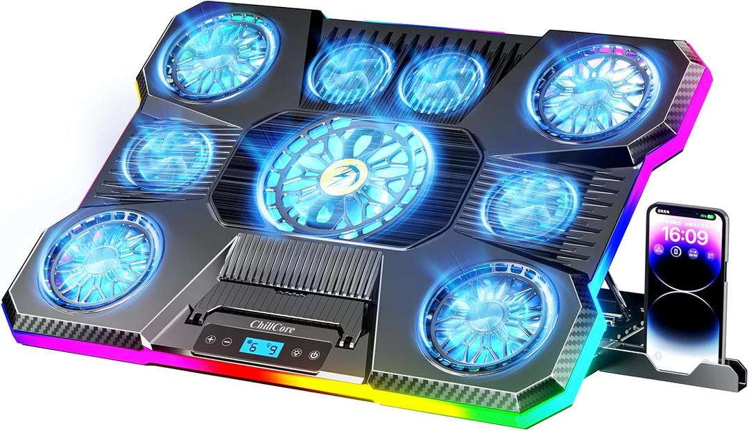 ChillCore Laptop Cooling Pad, RGB Lights Laptop Cooler 9 Fans for 15.6-19.3 Inch Laptops, Gaming Laptop Fan Cooling Pad with 8 Height Stands, 2 USB Ports - A21 Blue